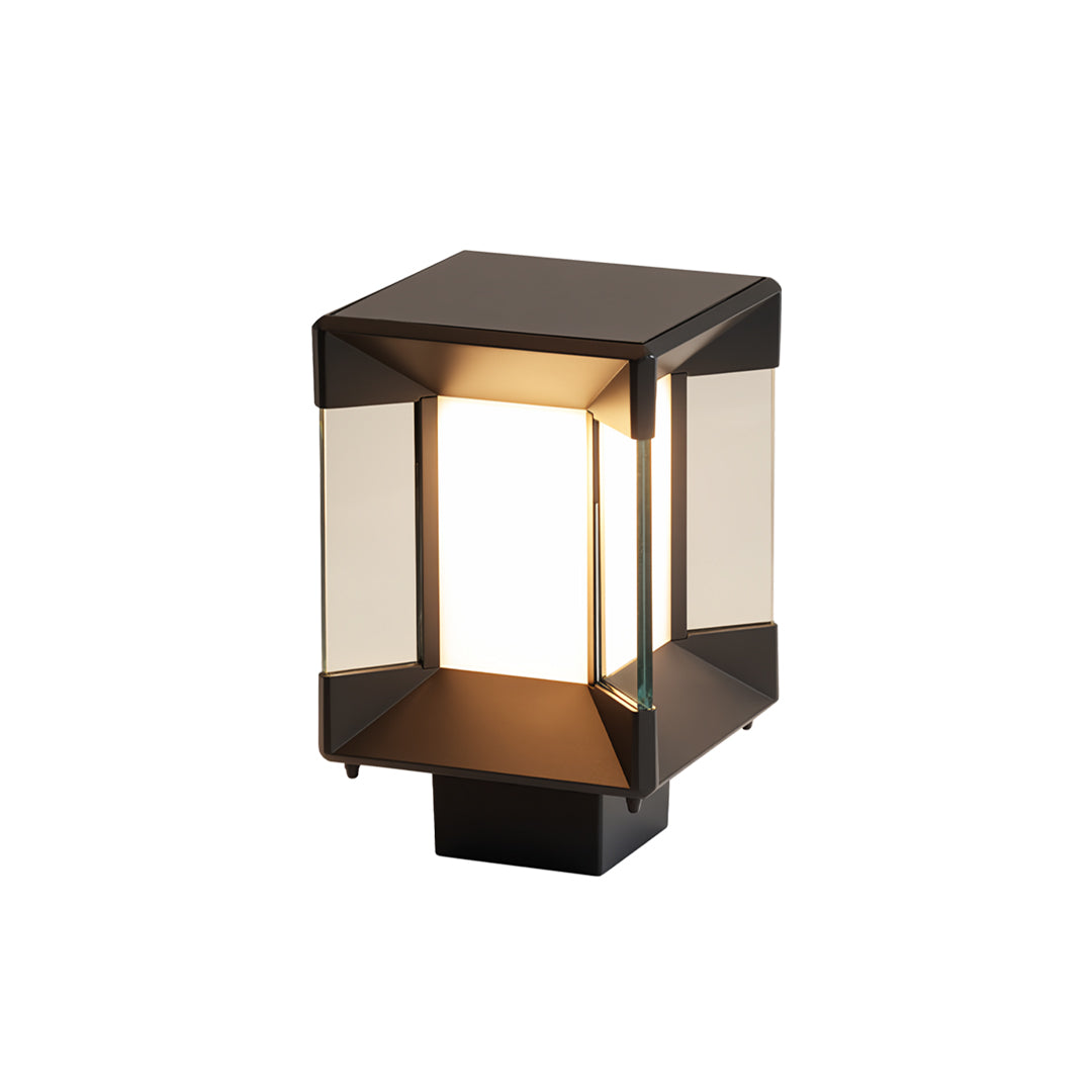 Compact pillar lights outdoor modern with curved bronze frame and frosted glass.