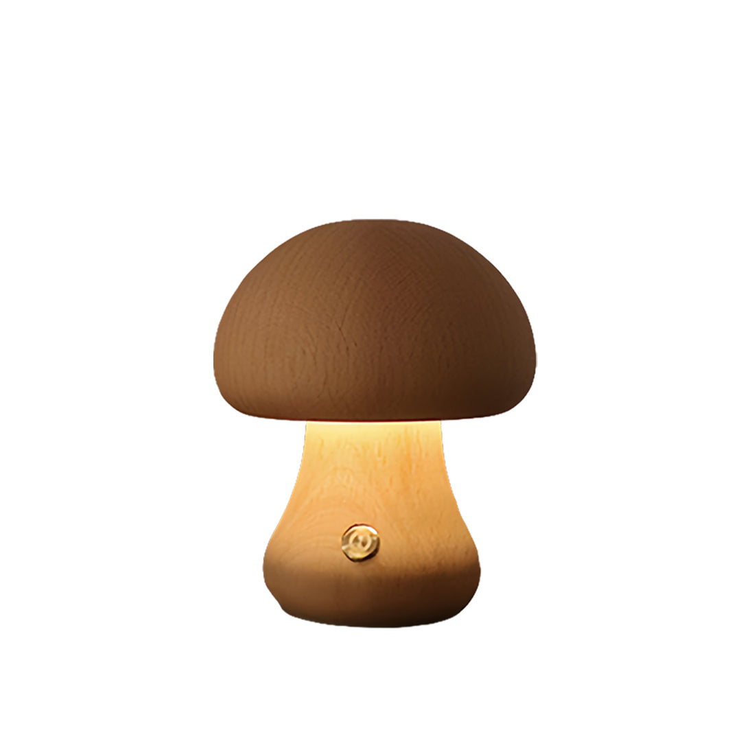 Compact mushroom table lamp with brown cap and soft glowing base for accent lighting