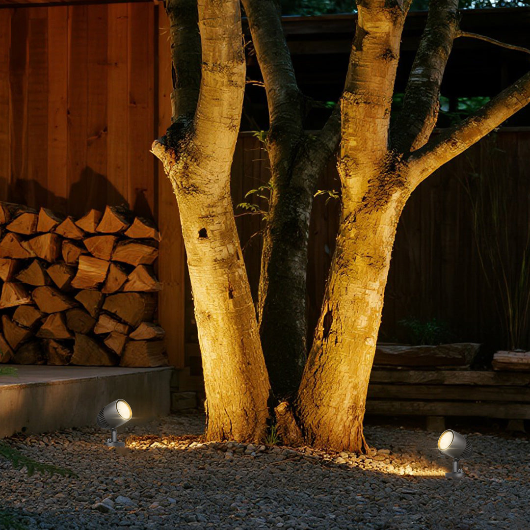 Landscape lighting creating atmospheric glow among rocks and vegetation in naturalistic garden design