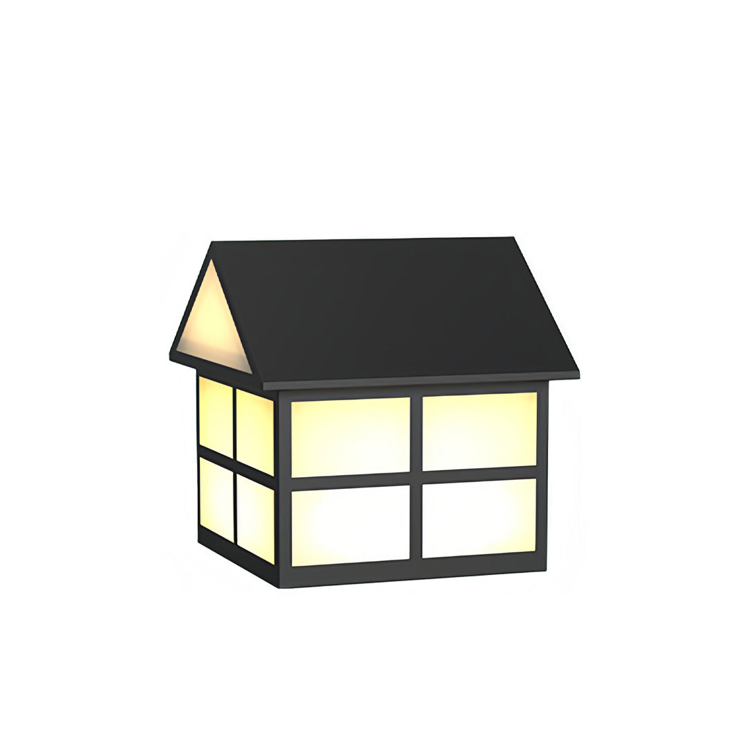 Compact cottage-style gate pillar top lights with soft warm lighting and a dark roof for exterior pillars.