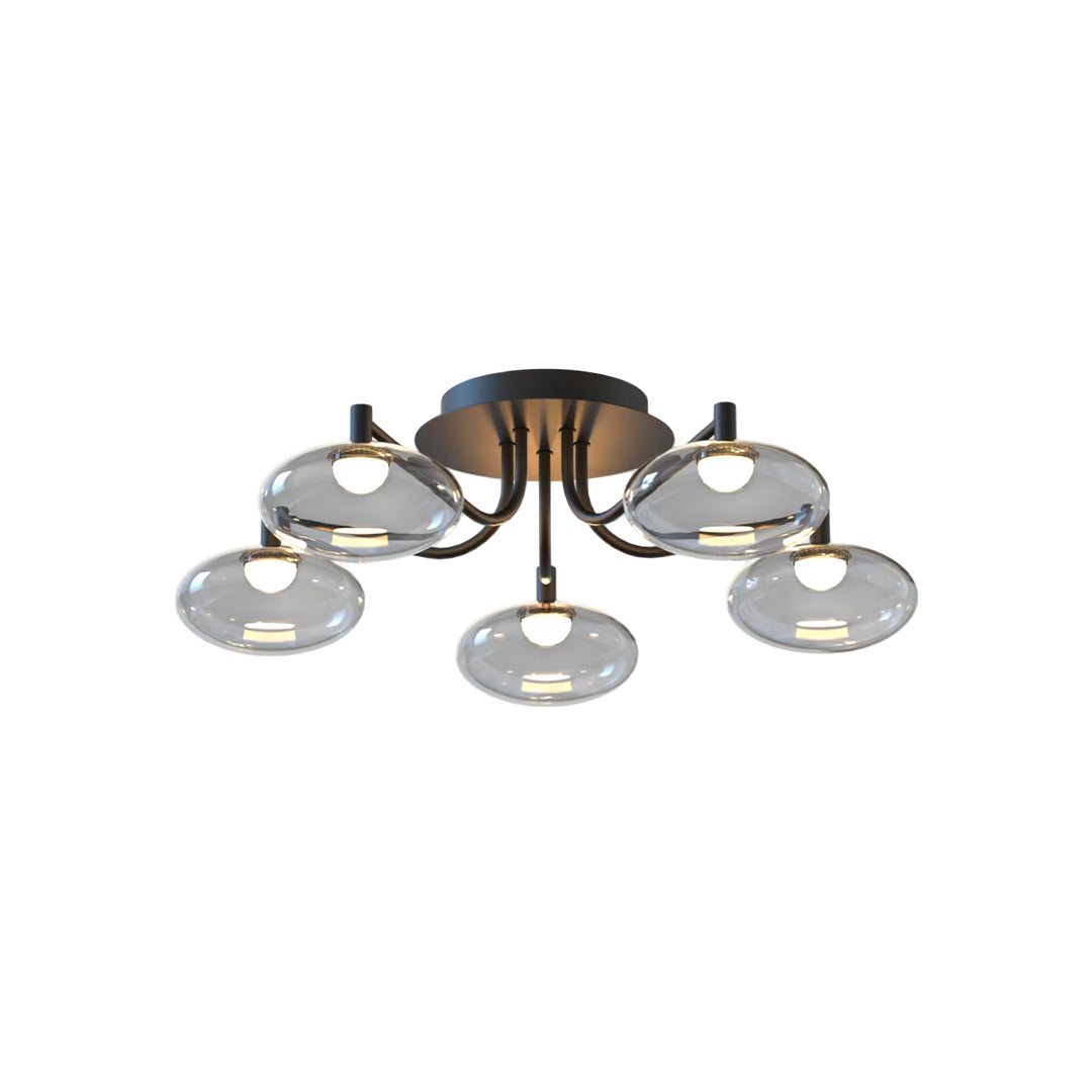 Compact glass flush mount ceiling light with fewer globes for smaller room applications.