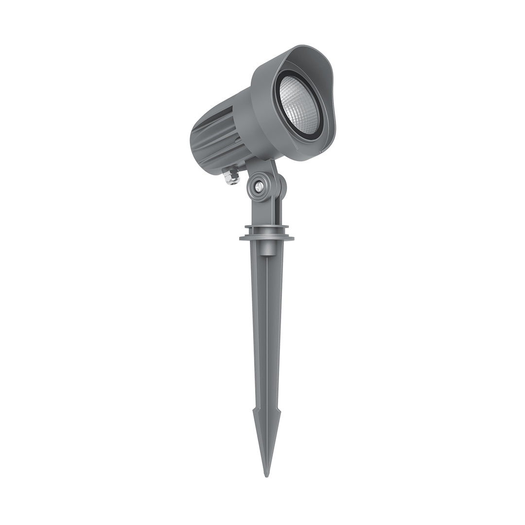 Compact gray LED spotlight with adjustable head and ground stake for precise landscape lighting