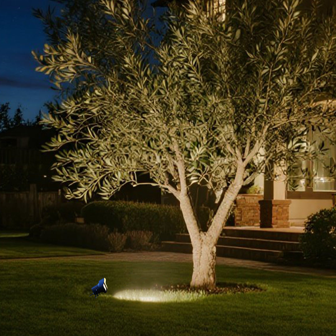 Compact LED spotlight with robust construction and adjustable positioning for garden accent lighting