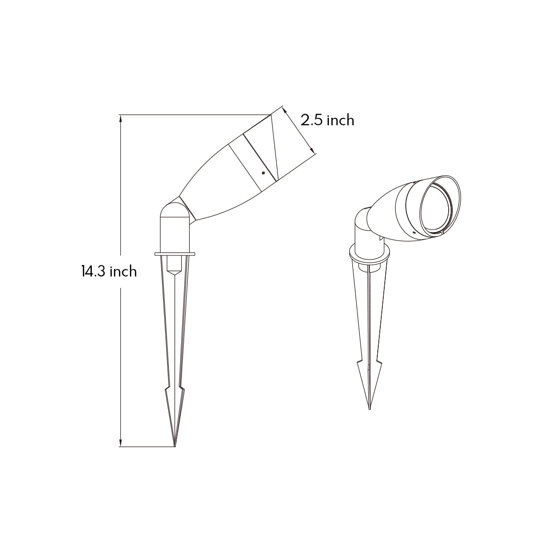 Technical drawing with measurements and specifications for compact LED spotlight with ground stake installation