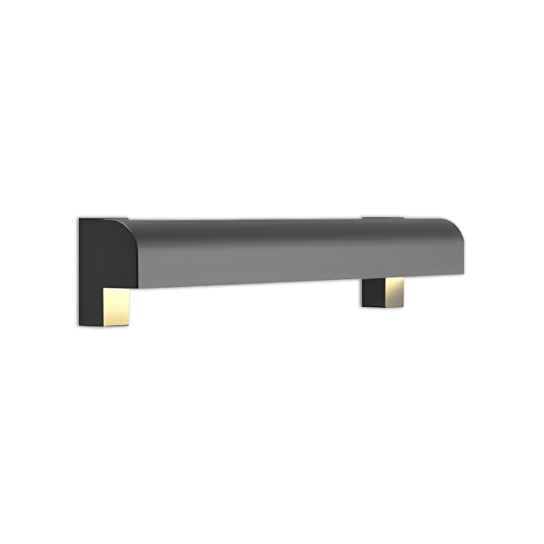 Minimal dark gray outdoor wall sconce light fixtures in a compact horizontal form displayed on plain background.