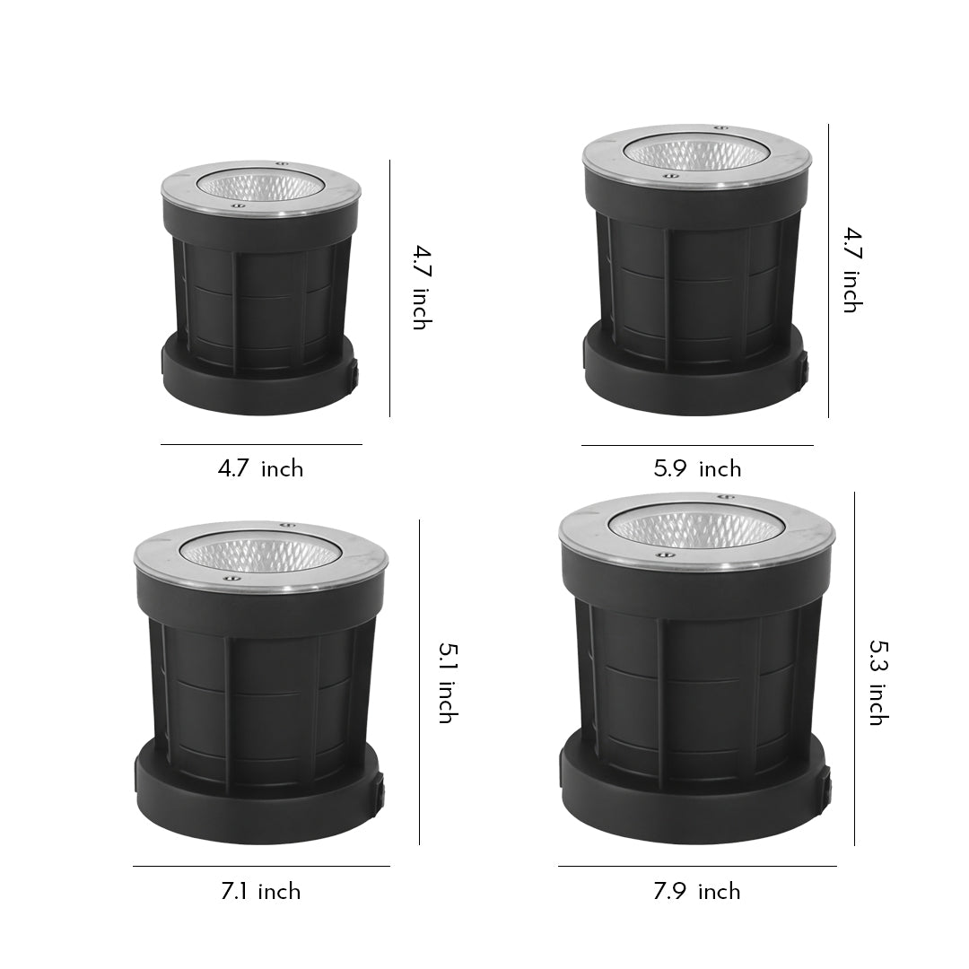 Compact round inground light fixture with durable housing designed for outdoor landscape illumination.