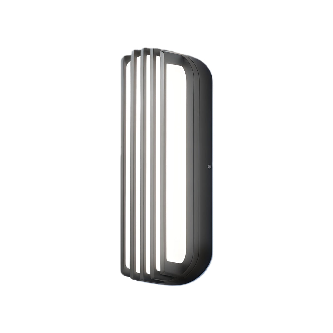 Compact vertical silver wall-mounted linear lighting with rounded corners and ribbed surface.