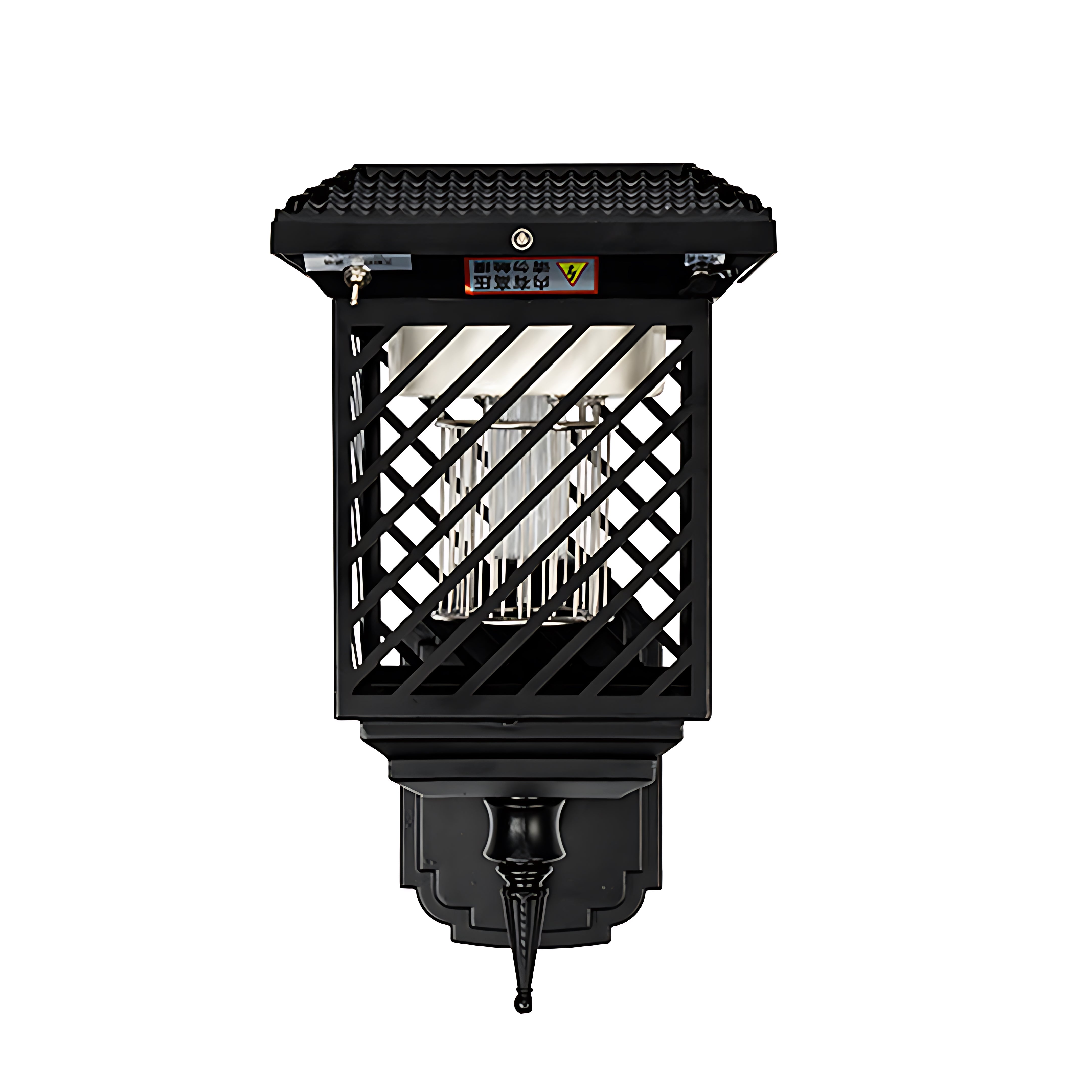 Compact solar light fixture with diamond pattern mesh and wall or fence mounting capability