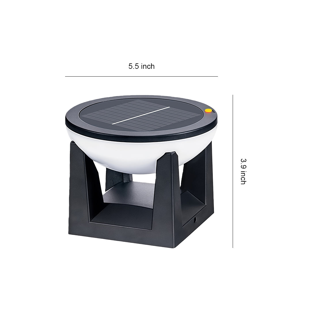 Dimension guide for the compact solar powered bollard light, showing a 5.5-inch width and 3.9-inch height.