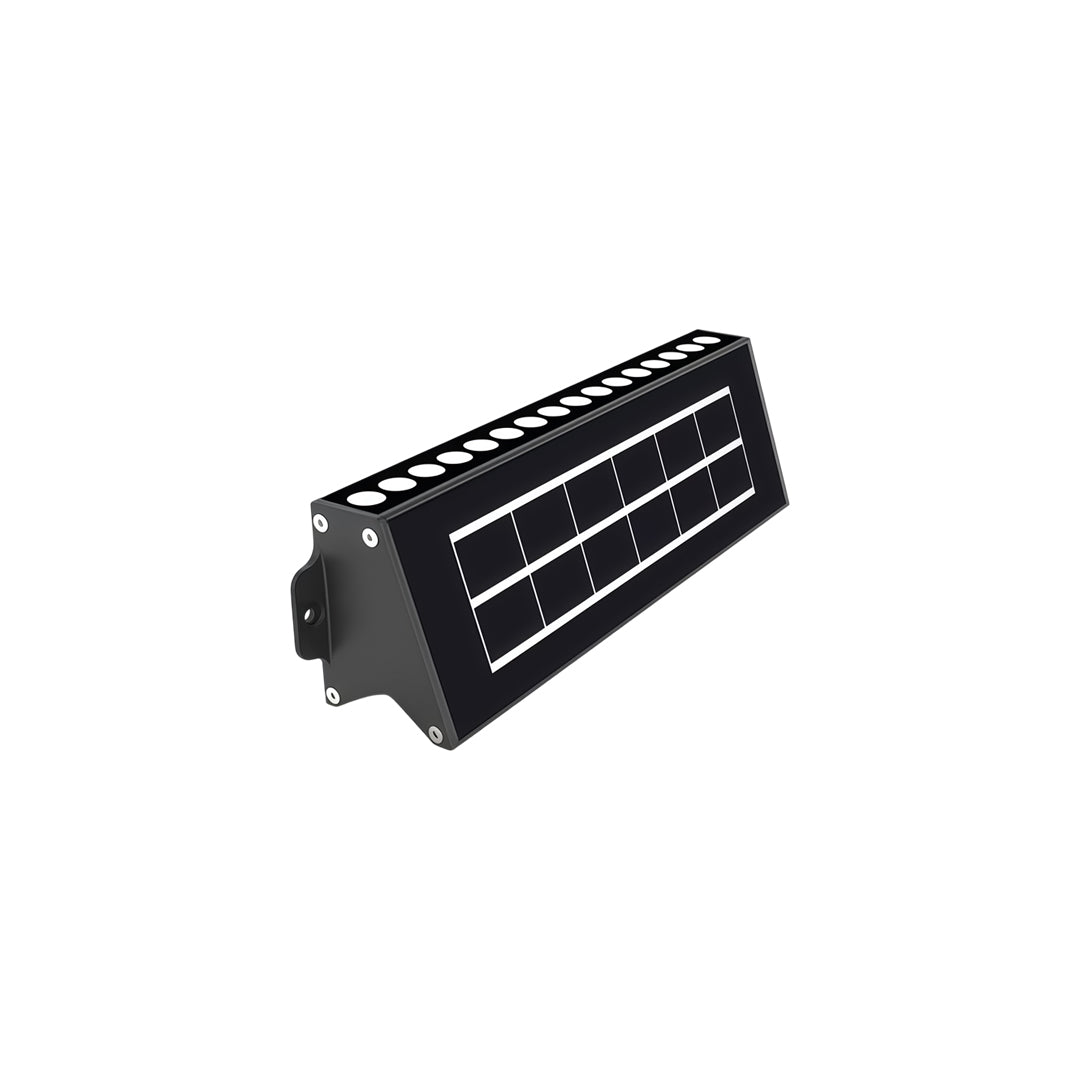 Compact solar wall outdoor lights with slim rectangular design and integrated solar panel.