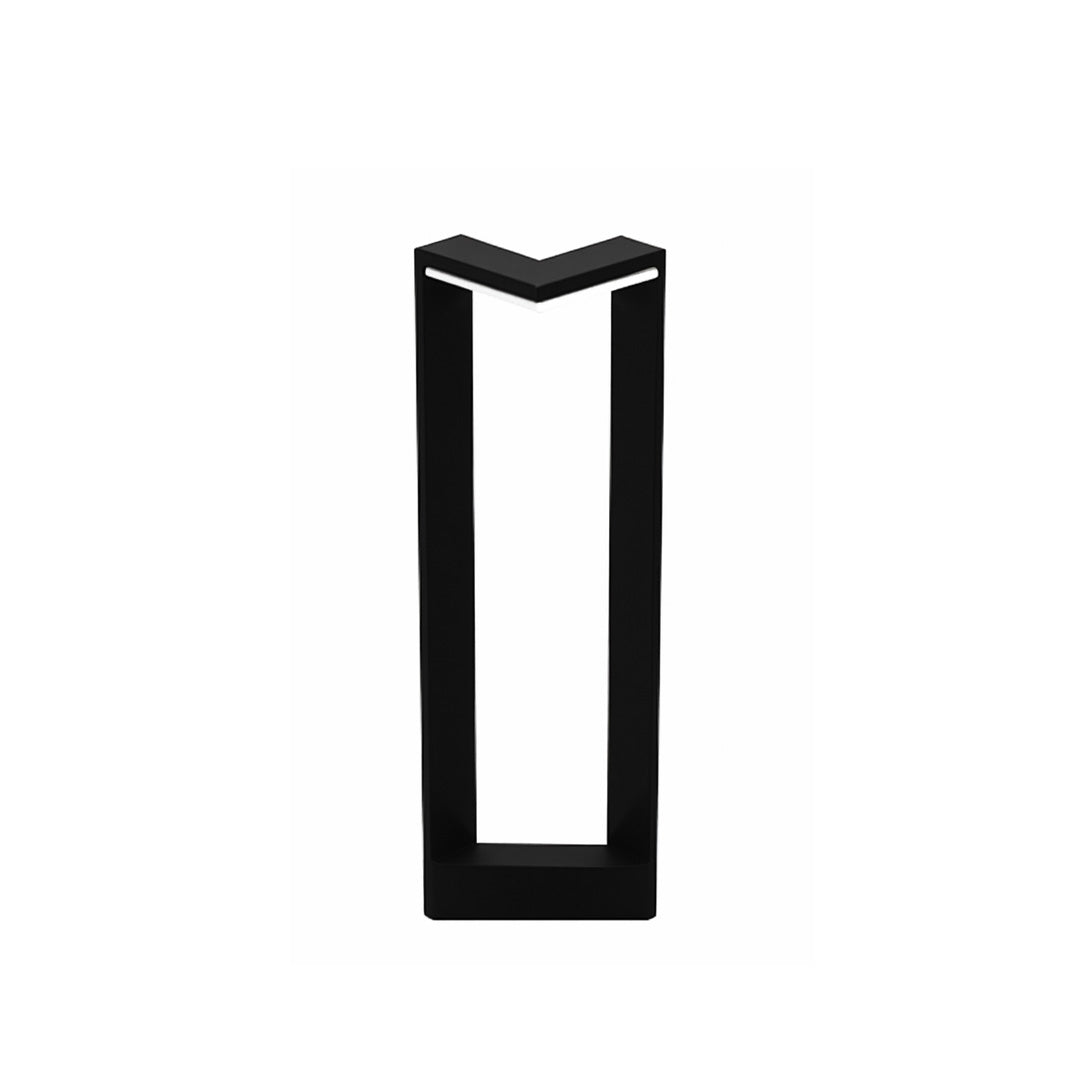 Compact square bollard light with modern cutout design suitable for outdoor walkways.