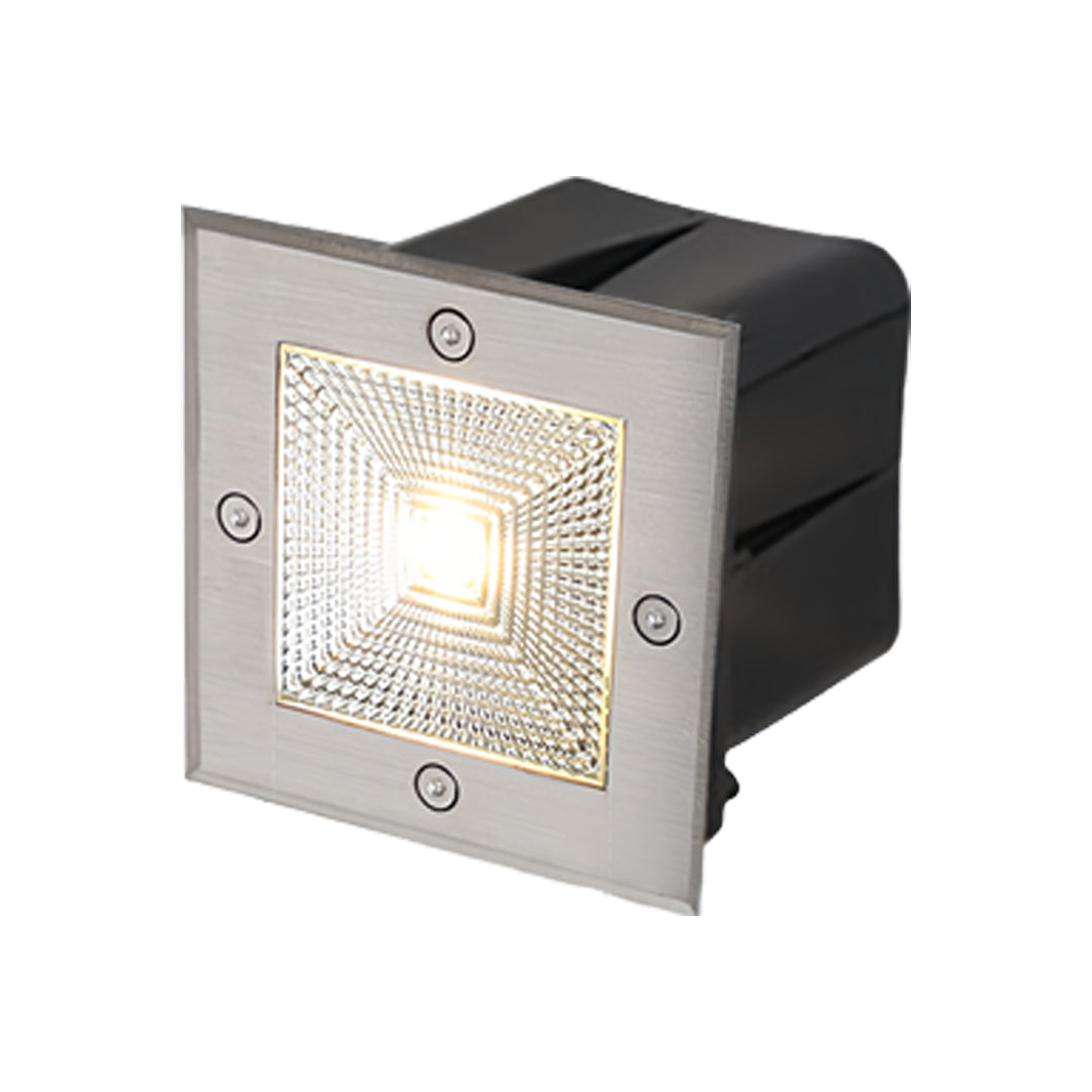 Compact square LED outdoor inground lighting fixture featuring durable housing and bright accent light.