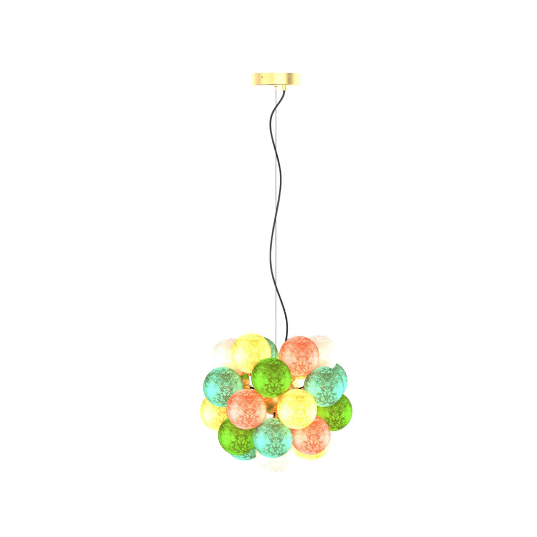 Compact version of stained glass chandelier with multicolor globes for smaller spaces.