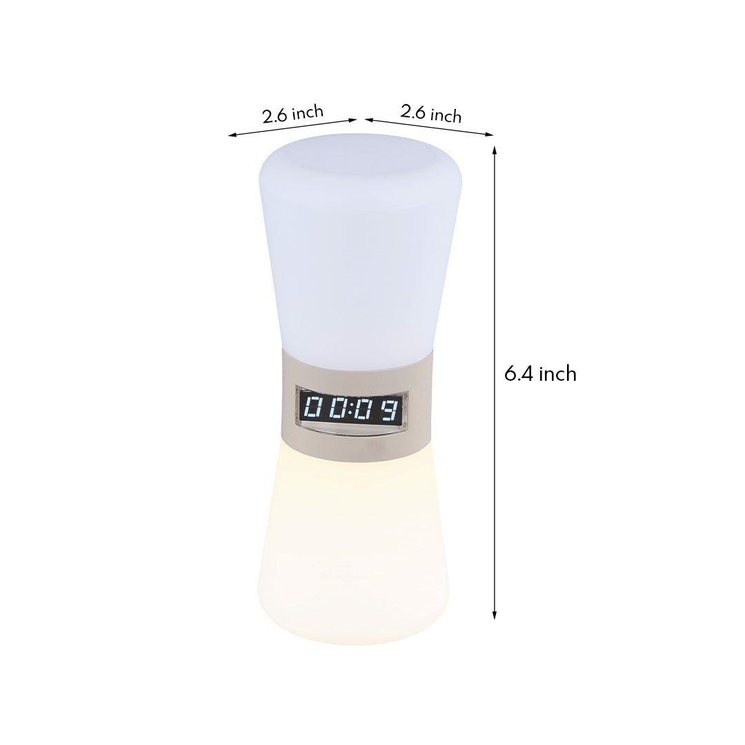 Compact white cylindrical USB rechargeable table lamp with digital display and minimalist design