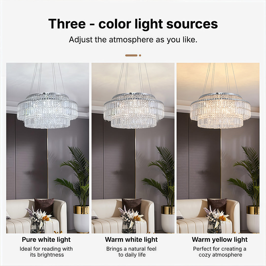 Comparison image showing chandelier with round crystals in three different color temperatures from cool to warm.