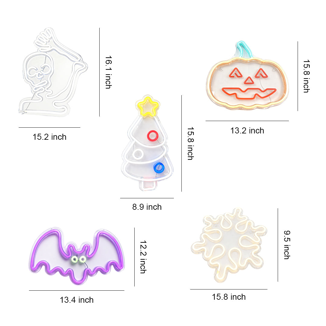 Complete dimension chart for various halloween neon lights shapes, including bat, pumpkin, and skeleton designs.