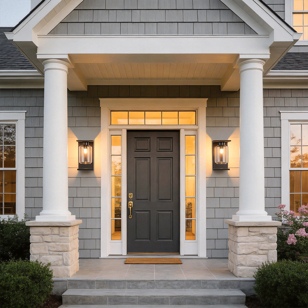 Compound wall lights outdoor with a sleek design, enhancing a classic porch with columns.
