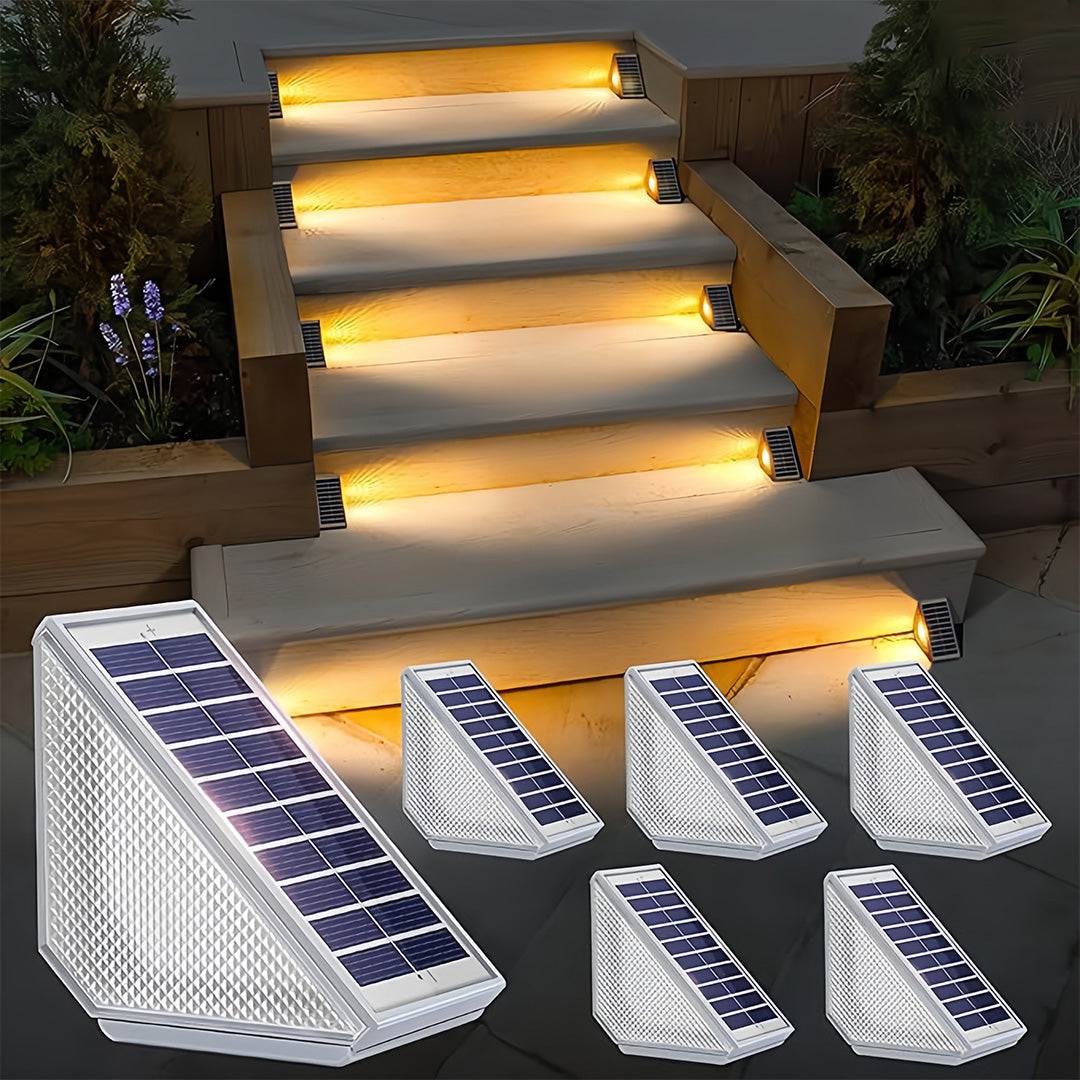 Premium outdoor solar step lights creating ambient pathway lighting on modern concrete steps
