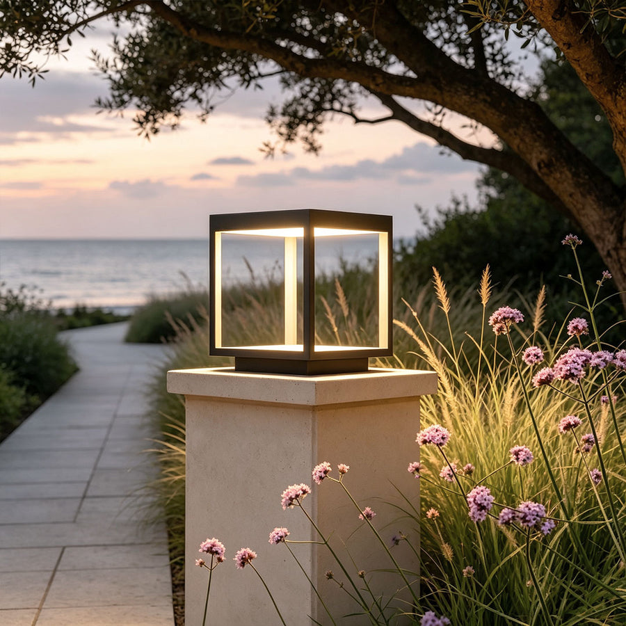 Concrete Pillar Lights feature an open frame square design with solar-powered LED illumination, providing stylish and durable lighting for outdoor pillars and pathways.