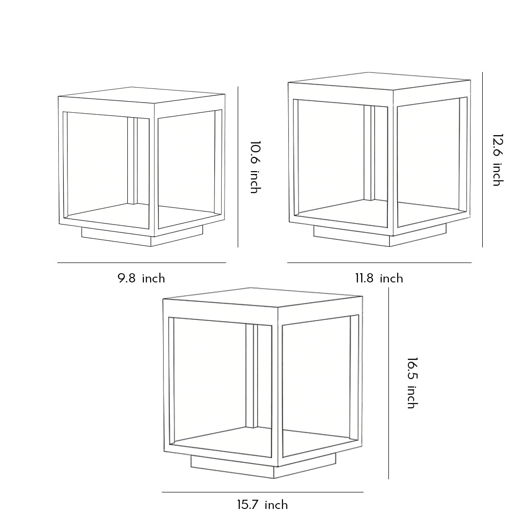 Detailed technical size chart for concrete pillar lights with 9.8, 11.8, and 15.7 inch specs.