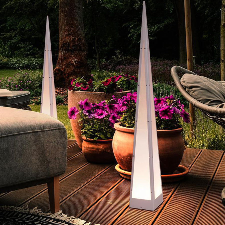 Modern cone-shaped outdoor lights creating ambient lighting on wooden deck patio