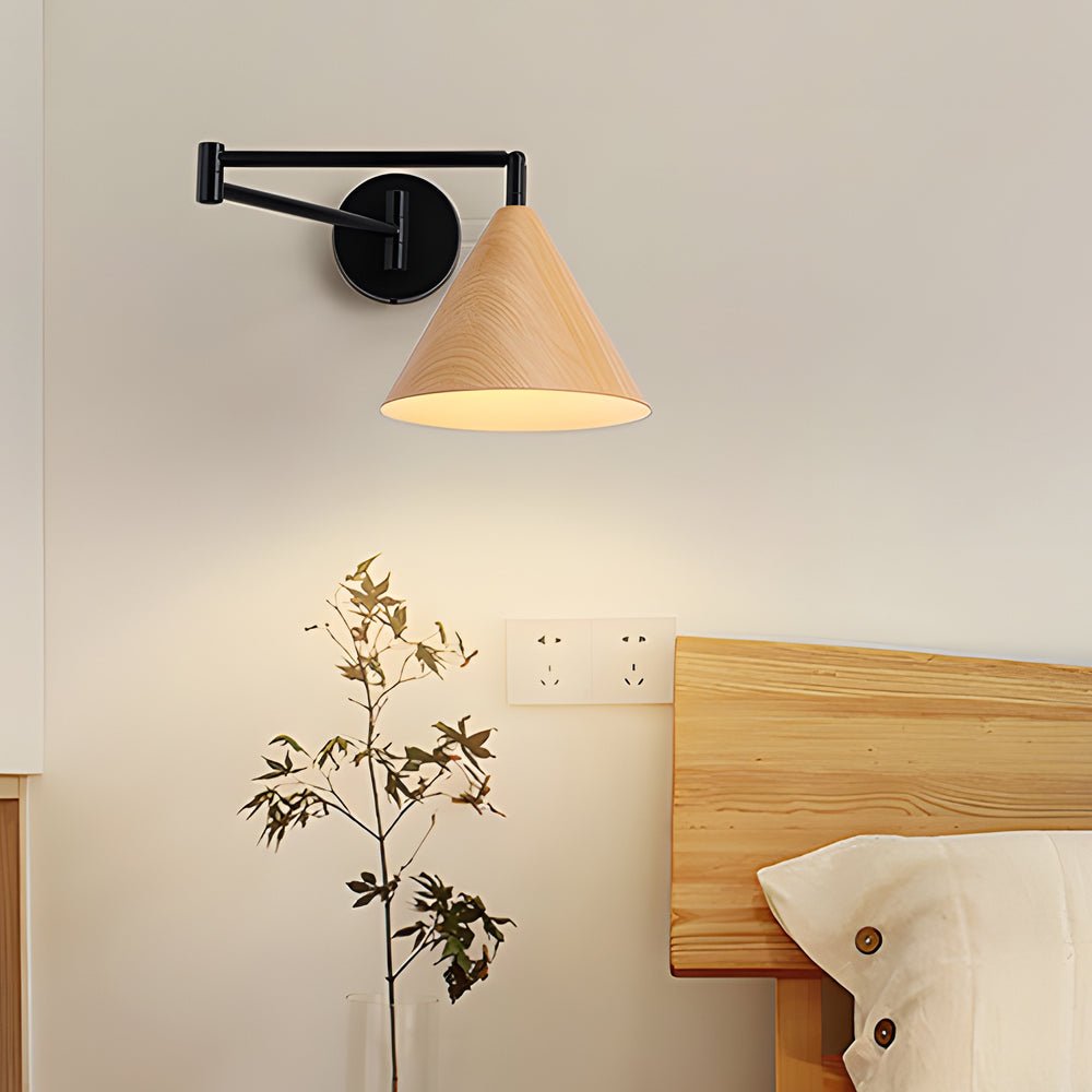 Cone Shaped Swing Arm Wall Sconces - 1 - Light Wood Wall Mount Light
