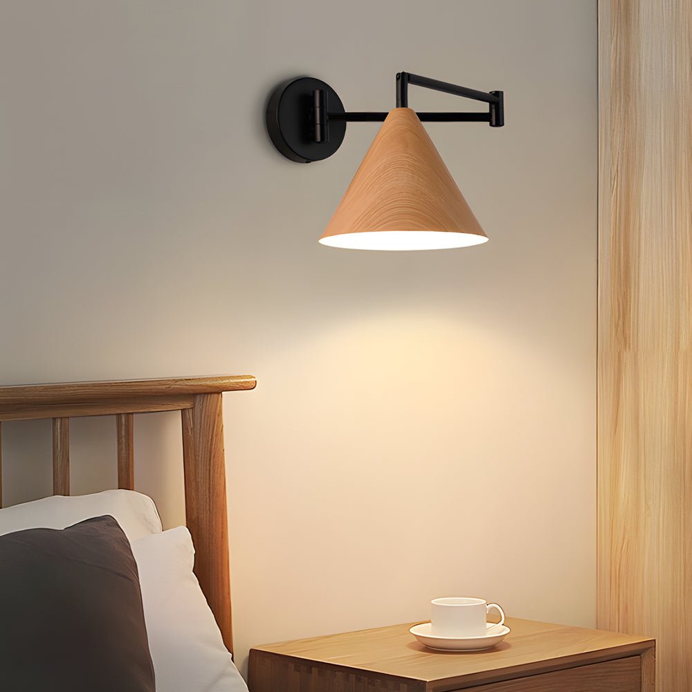 Cone Shaped Swing Arm Wall Sconces - 1 - Light Wood Wall Mount Light