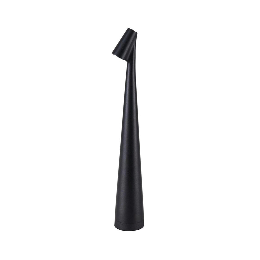Slim cone shaped table lamp used as bedside ambient lighting.
