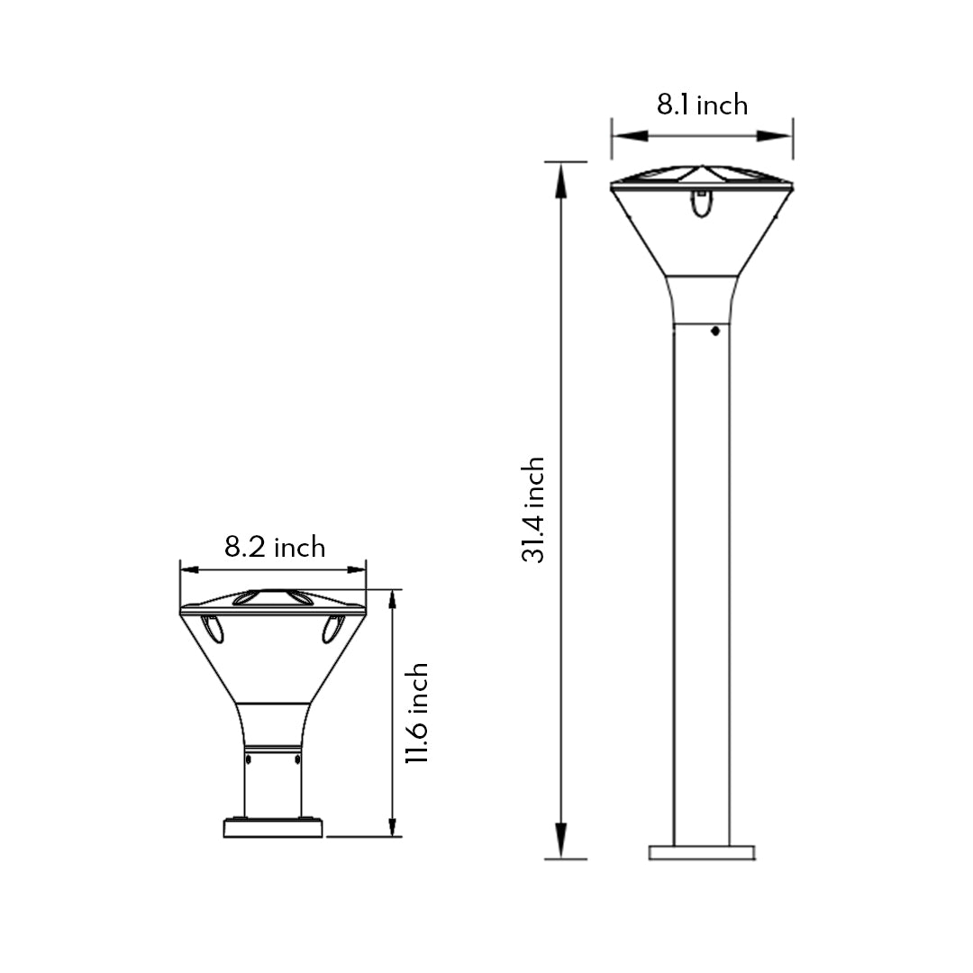 Technical drawing with dimensions and cross-section of conical outdoor light fixture