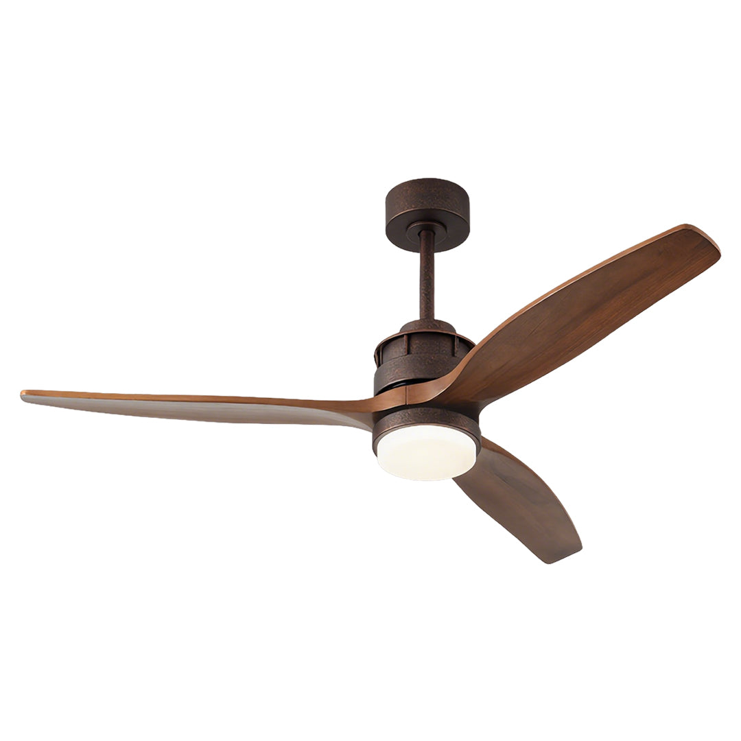 Contemporary wooden 3-blade ceiling fans with light featuring oil-rubbed bronze motor housing