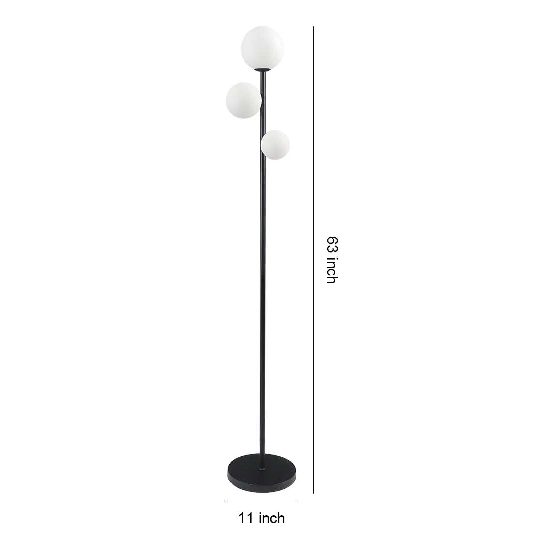 Contemporary 3 lights floor lamp with brass base and white globe lights for stylish room illumination, size chart.