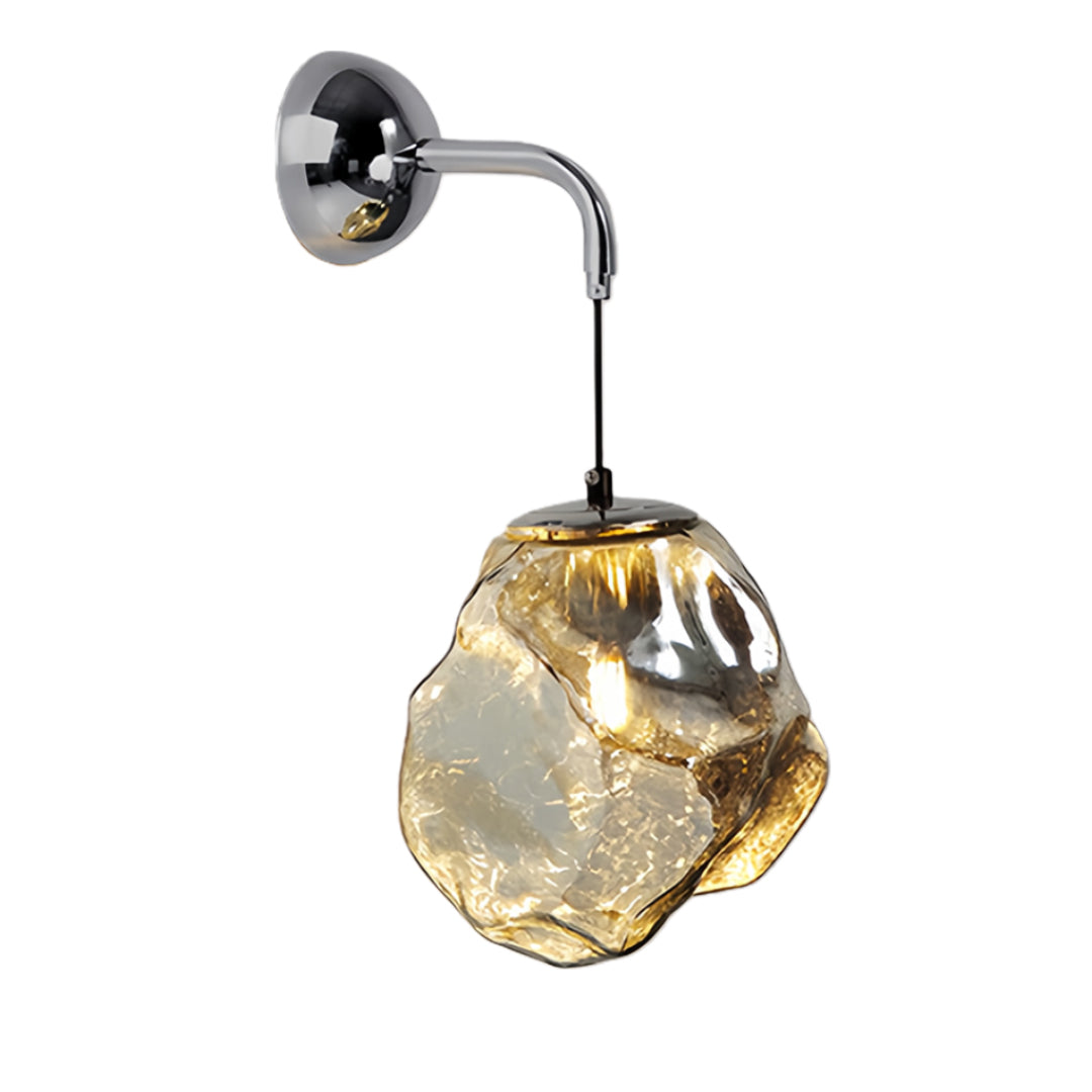 Contemporary art deco wall sconce lighting displaying geometric clear glass shade with reflective chrome finish