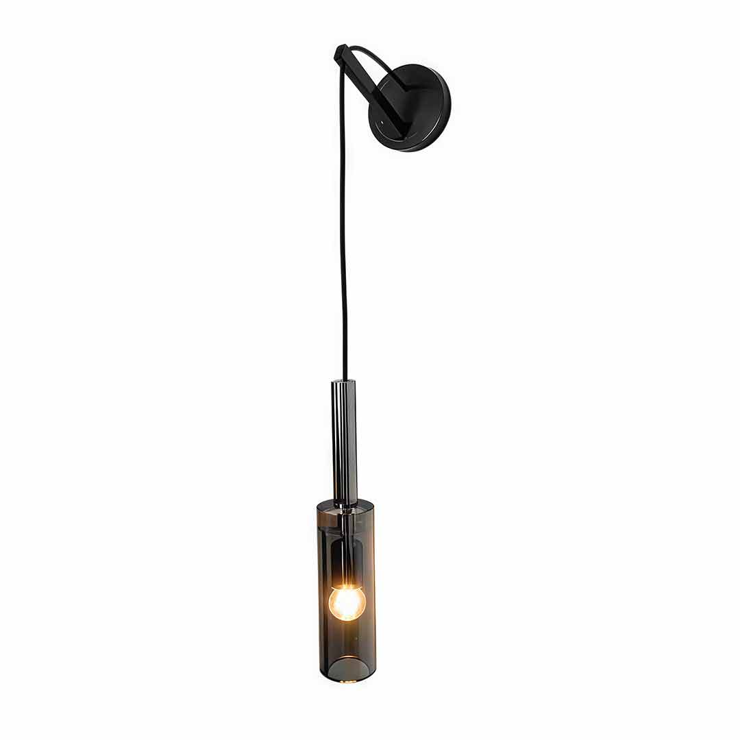 Full product view of a contemporary bedside hanging wall lamp with a warm Edison bulb.