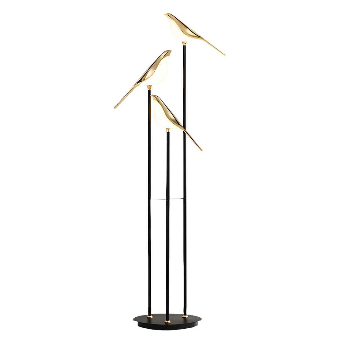 Contemporary bird floor lamp featuring multiple bird silhouettes with gold accents and black base for artistic lighting