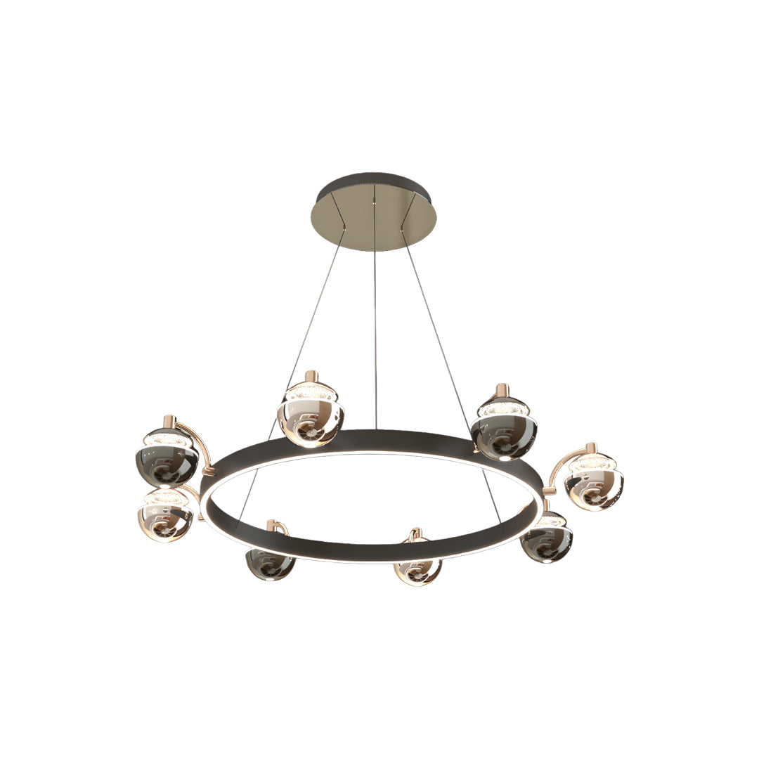 Contemporary black and gold modern chandelier featuring ring design with evenly spaced spherical glass shades