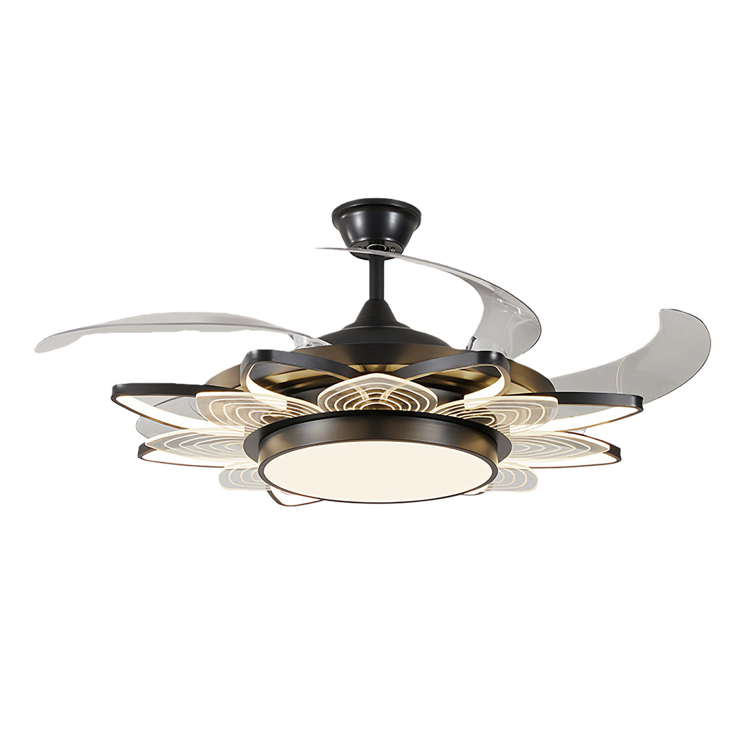 Contemporary black modern ceiling fan with light showcasing decorative crystal ring and foldable acrylic blades