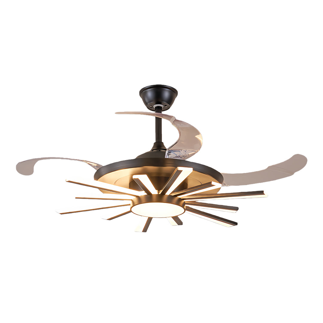 Contemporary black modern ceiling fan with light showcasing decorative crystal ring and foldable acrylic blades