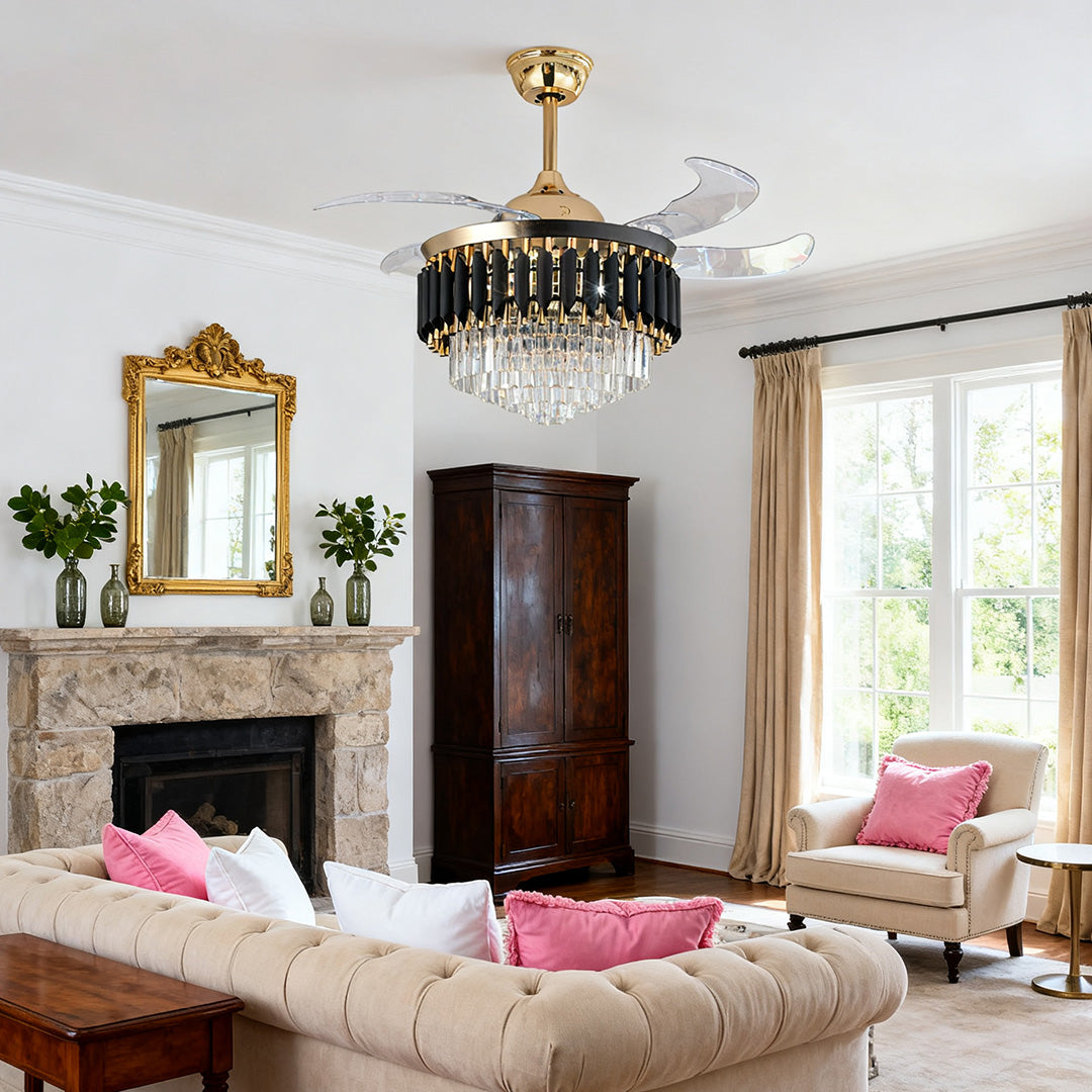 Contemporary black ceiling fans with light over a sleek, modern living room interior 