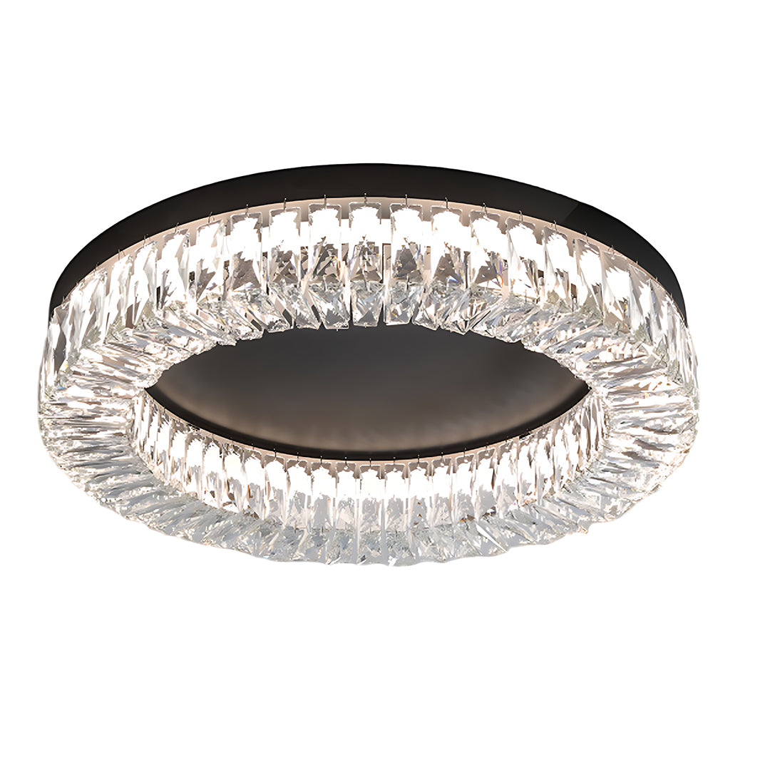 Contemporary black ceiling flush mount light with radial arrangement of transparent crystal pieces on dark frame.
