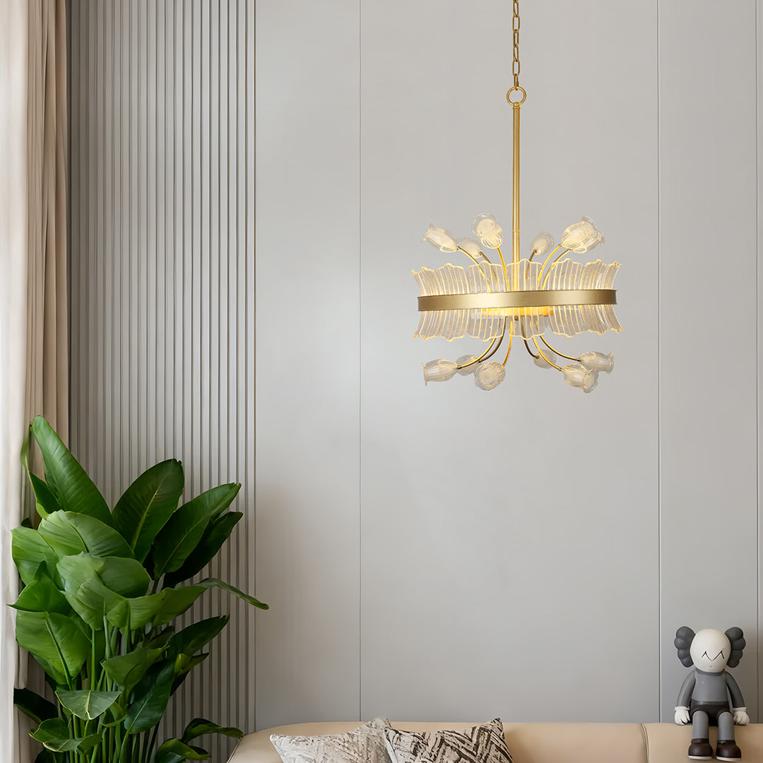 Luxurious gold blossom chandelier with crystal accents in a contemporary living room