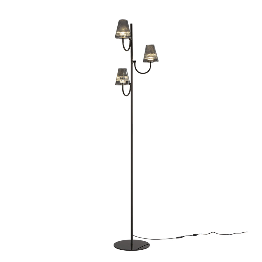 Contemporary black floor lamp with multiple ribbed glass shades arranged on curved metal arms