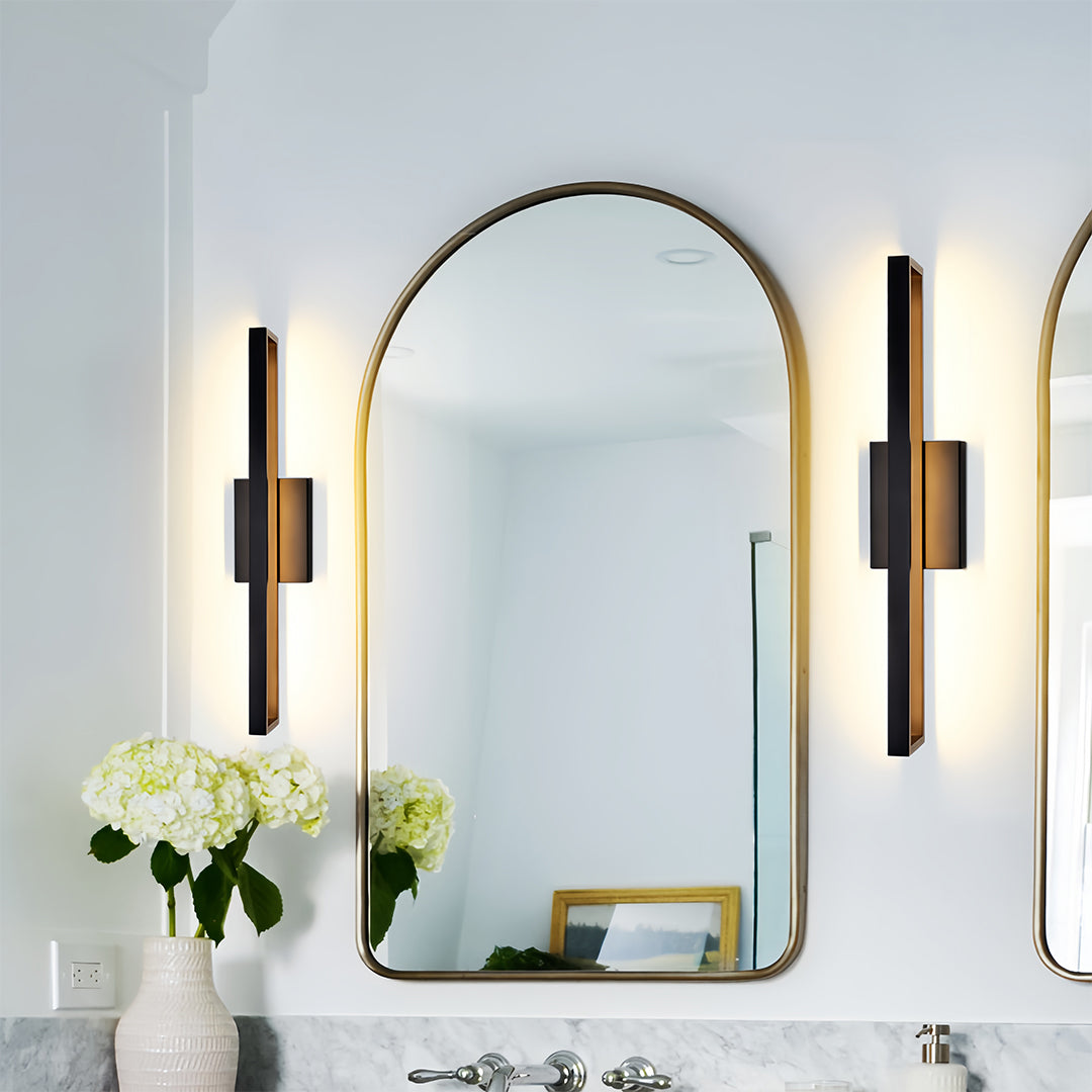Contemporary black vanity bathroom light with horizontal LED design illuminating artwork display