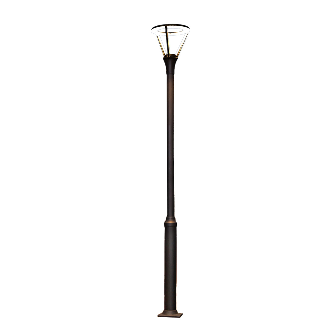 Contemporary black street lamp with geometric triangular top and sleek modern pole design