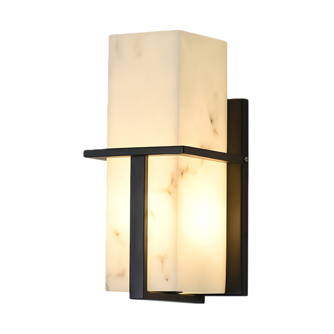 Contemporary black wall lights featuring vertical rectangular frosted glass shade with horizontal metal banding