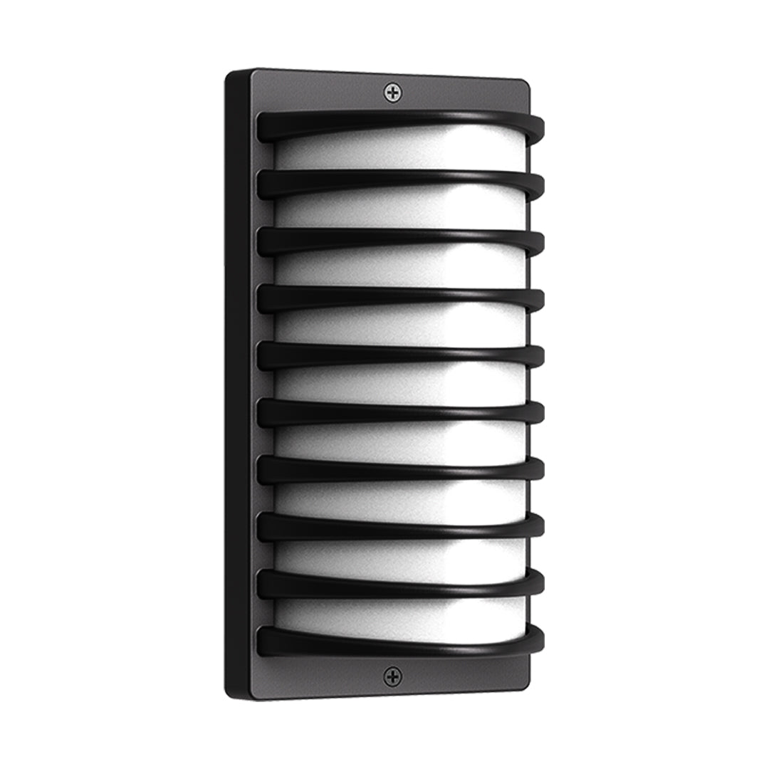 Contemporary black wall light featuring horizontal louver design with integrated LED illumination system
