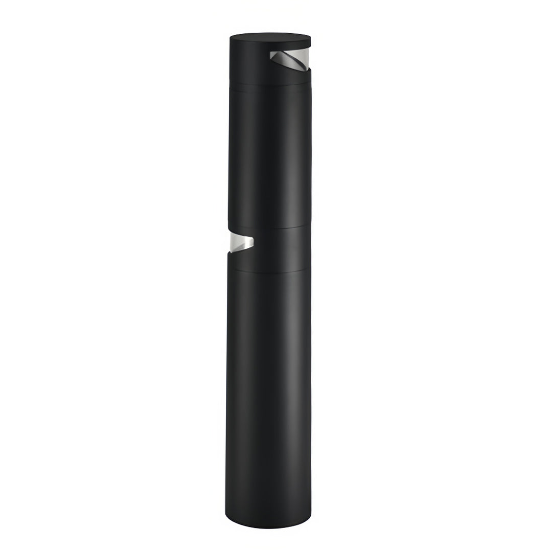 Contemporary bollard pathway lights showcasing black cylindrical form with angled top light opening design