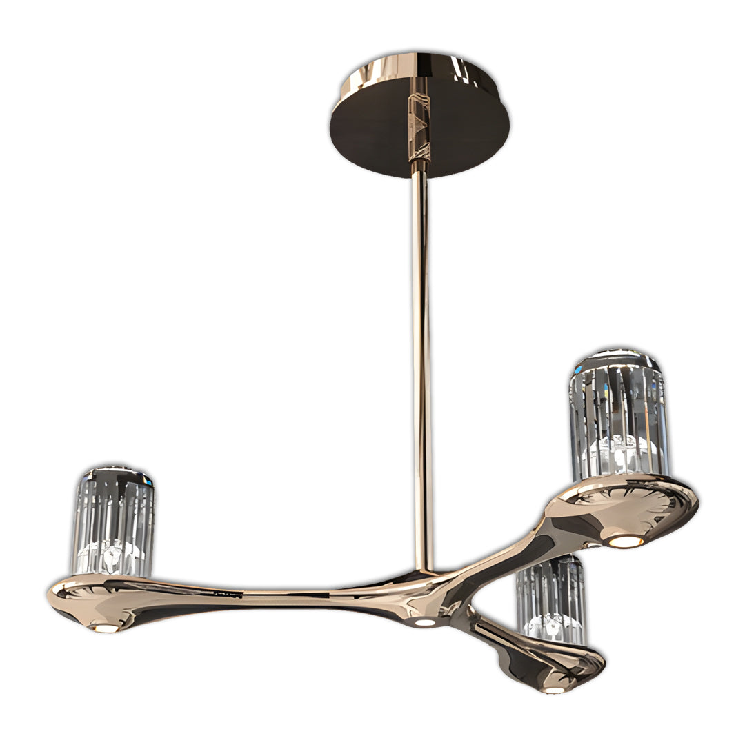 Contemporary brass crystal chandelier featuring three articulated arms with crystal cage pendant lights in gold finish