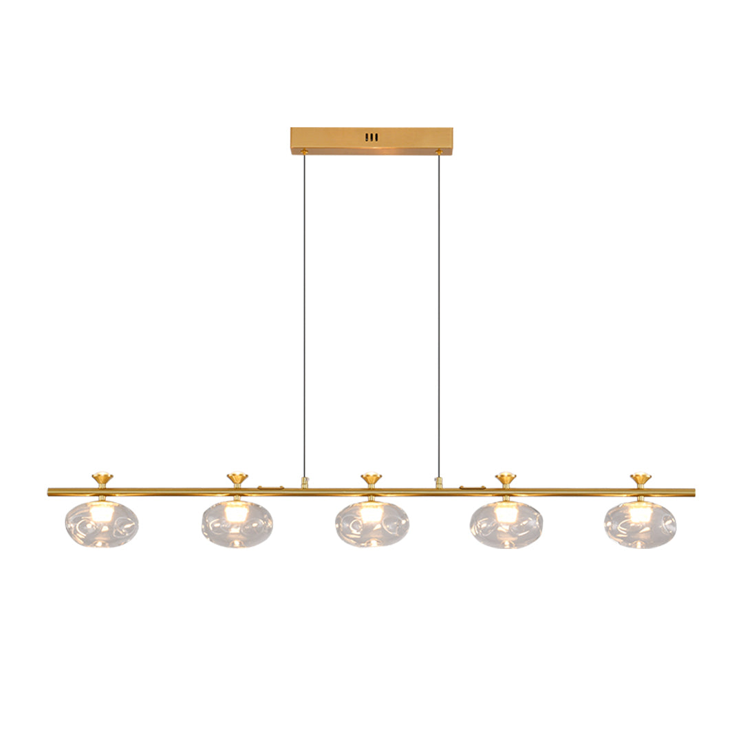 Contemporary linear glass chandelier with brass finish showcasing horizontal glass sphere design