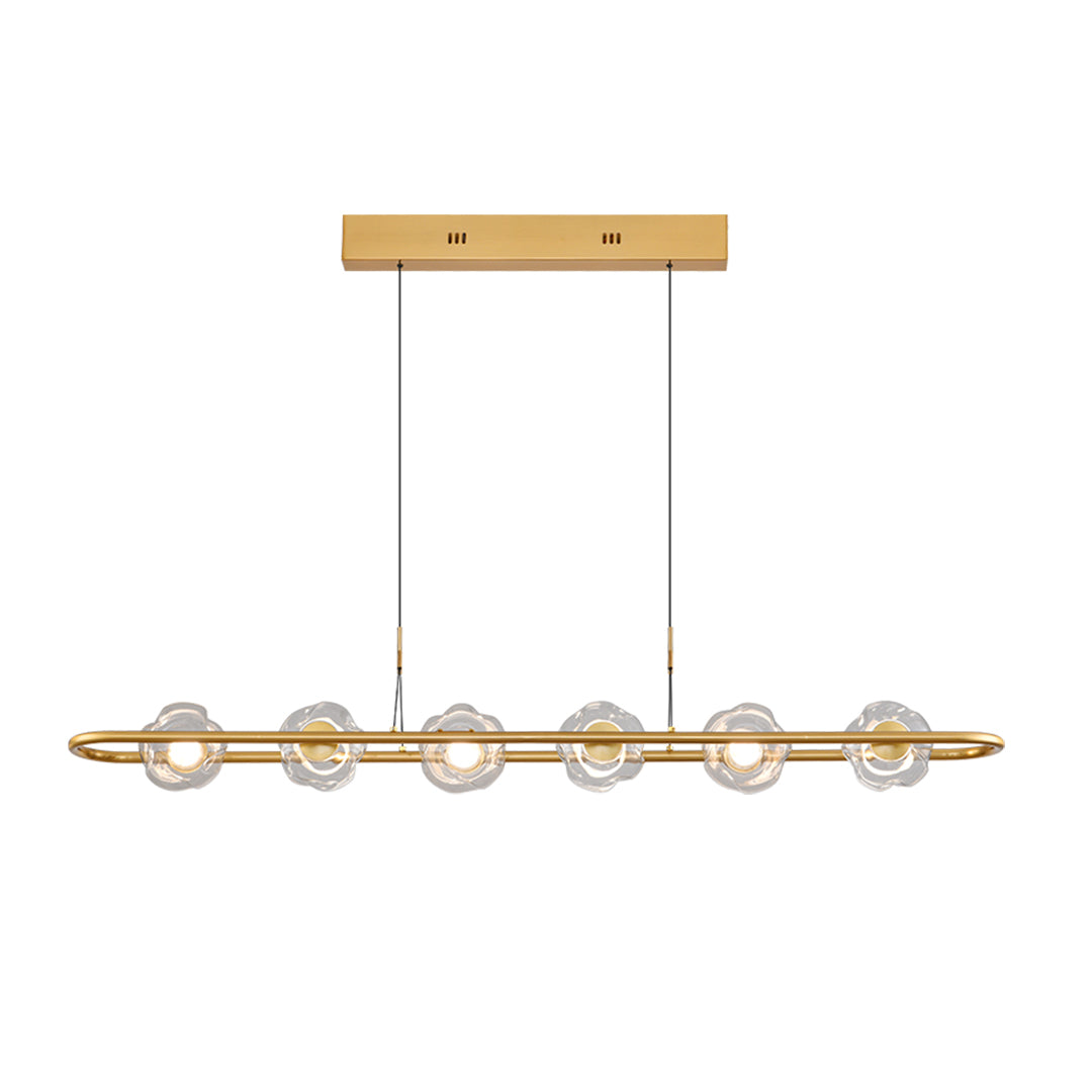 Contemporary rise and fall pendant light with brass finish showcasing linear glass sphere design