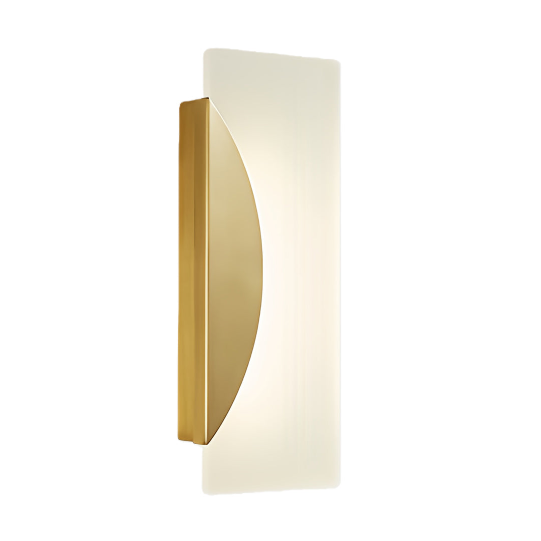 Contemporary brass wall lights with crescent-shaped golden metal frame and rectangular frosted glass panel